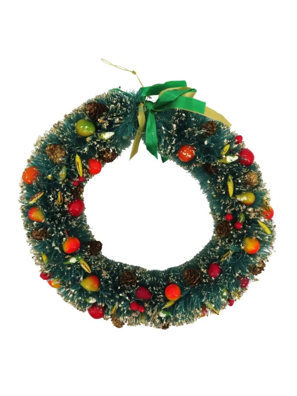 VTG Green Bottle Brush Wreath 12in Gold Flocked Multicolor Fruit Pinecone Retro